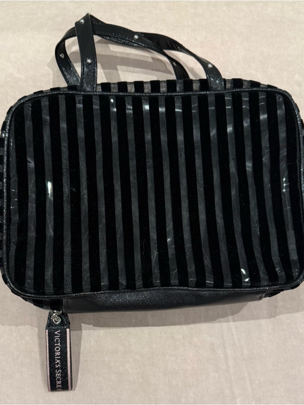 Victoria's Secret Black Striped Velvet Cosmetic Case